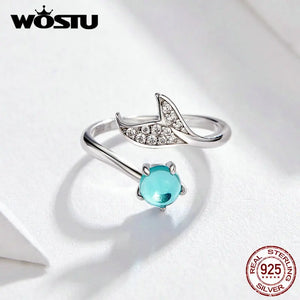 925 Silver Mermaid Women Ring Green Crystal Wedding Jewelry Gift