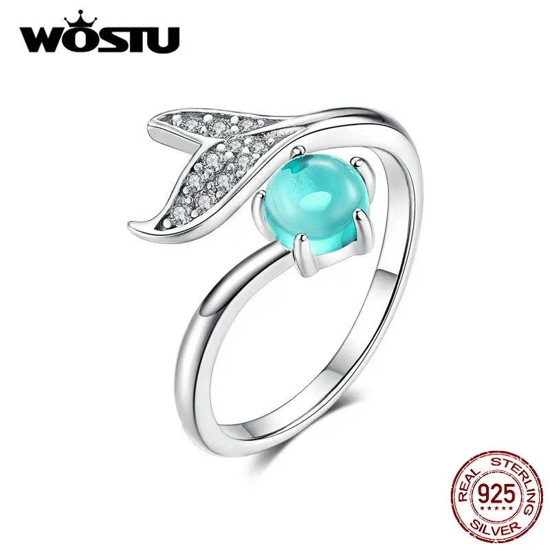 925 Silver Mermaid Women Ring Green Crystal Wedding Jewelry Gift