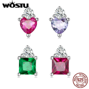 925 Silver Candy Heart Stud Earrings Cube Zircon Jewelry