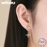 925 Silver Moon & Stars Clear Zircon Drop Earrings - Engagement Style