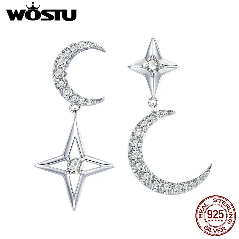 925 Silver Moon & Stars Clear Zircon Drop Earrings - Engagement Style