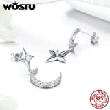 925 Silver Moon & Stars Clear Zircon Drop Earrings - Engagement Style