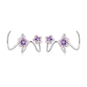 925 Silver Purple Flower Ear Hooks Stud Earrings Zircon Fine Jewelry