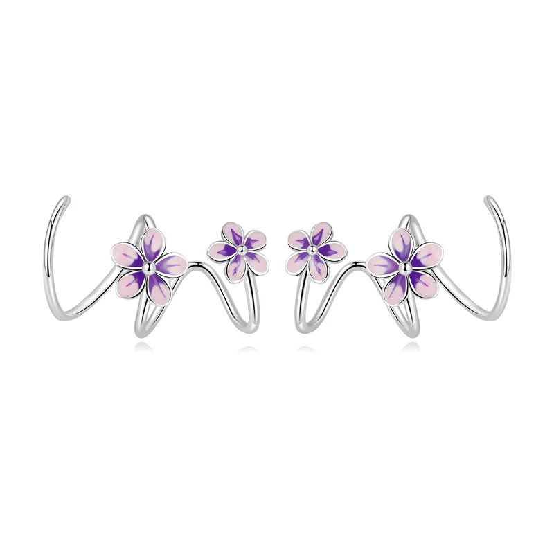 925 Silver Purple Flower Ear Hooks Stud Earrings Zircon Fine Jewelry