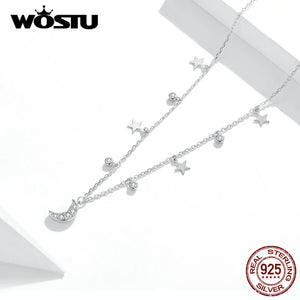925 Silver Star & Moon Zircon Long Chain Necklace CQN420
