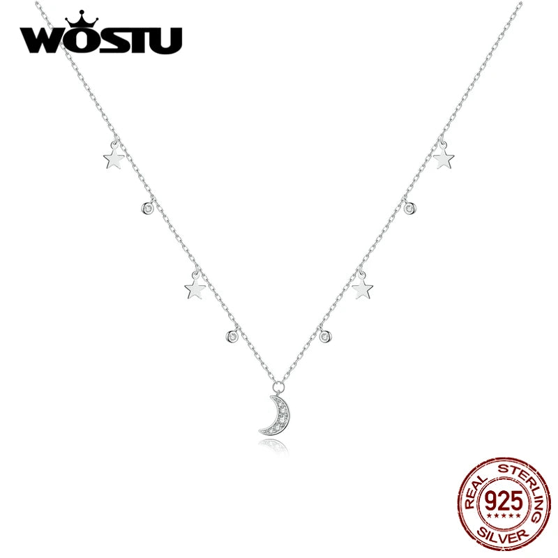 925 Silver Star & Moon Zircon Long Chain Necklace CQN420