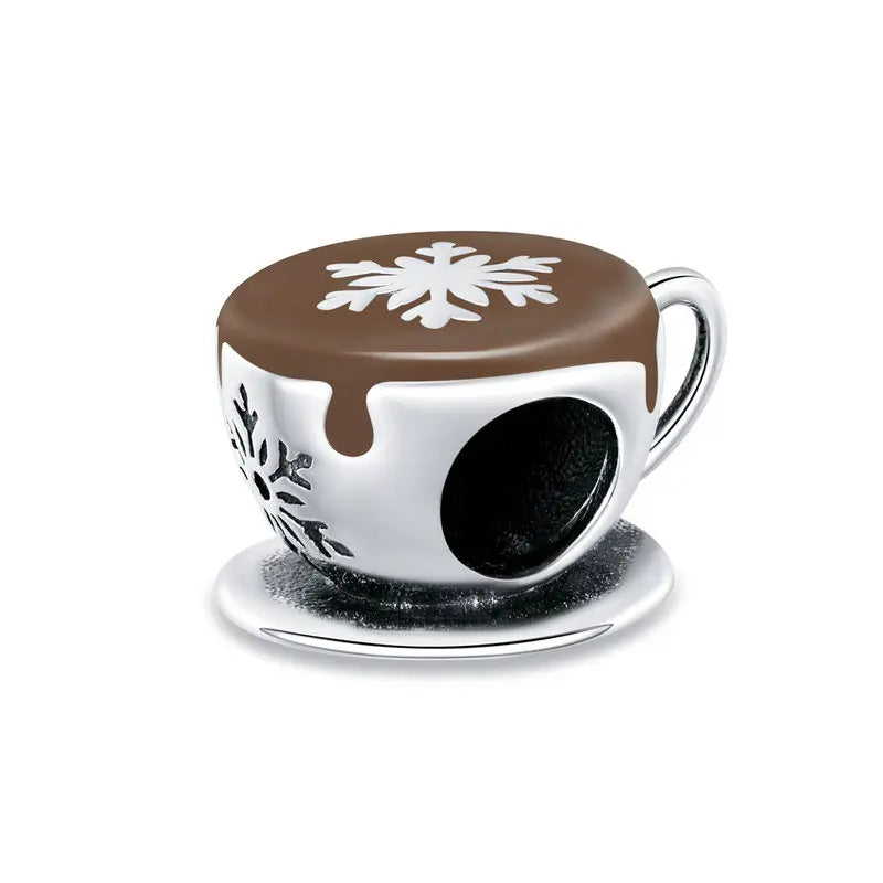 925 Sterling Silver Snowflakes Fairy Charm Coffee Cup Bead Pendant