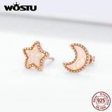 925 Silver Star Moon Stud Earrings Rose Opal Small Earrings CQE691