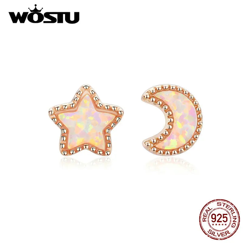 925 Silver Star Moon Stud Earrings Rose Opal Small Earrings CQE691