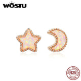 925 Silver Star Moon Stud Earrings Rose Opal Small Earrings CQE691