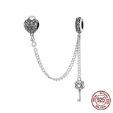 925 Silver Vintage Heart Lock & Key Safety Chain Charm Bracelet