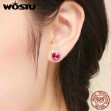 925 Silver Red Heart Stud Earrings For Women CQE414