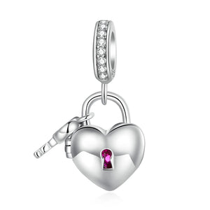 925 Silver Heart Lock & Key Pendent Charms Beaded For Women