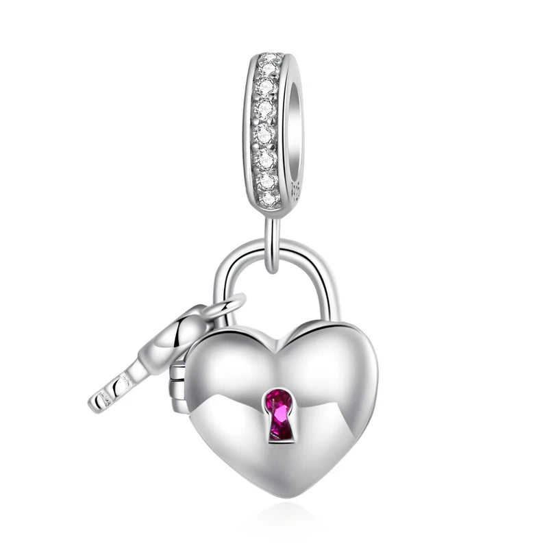 925 Silver Heart Lock & Key Pendent Charms Beaded For Women