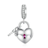 925 Silver Heart Lock & Key Pendent Charms Beaded For Women