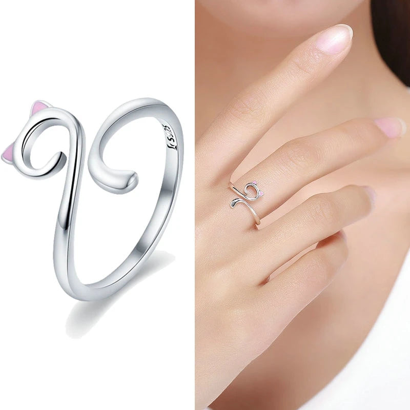 925 Sterling Silver Cat Finger Adjustable Ring for Women