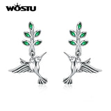 925 Silver Green Leaves & Birds Stud Earrings Forest Style Jewelry