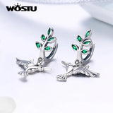 925 Silver Green Leaves & Birds Stud Earrings Forest Style Jewelry