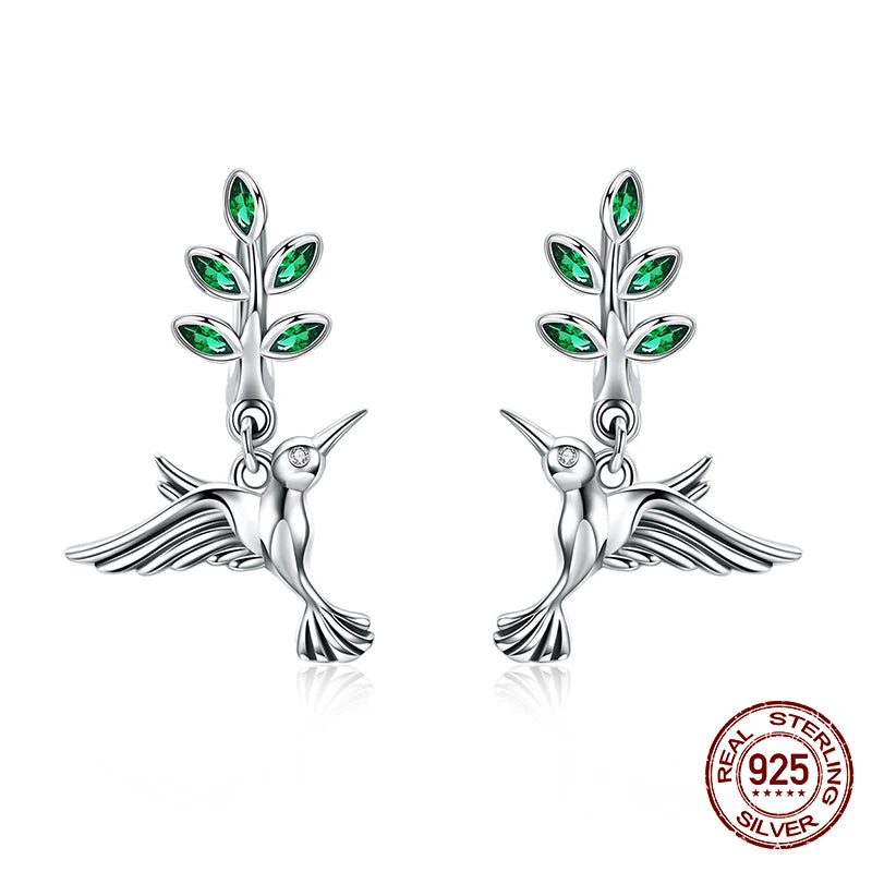925 Silver Green Leaves & Birds Stud Earrings Forest Style Jewelry