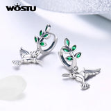 925 Silver Green Leaves & Birds Stud Earrings Forest Style Jewelry