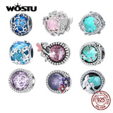 925 Sterling Silver Pink Crystal Round Charm Beaded Bracelet DIY Jewelry