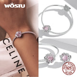 925 Sterling Silver Pink Crystal Round Charm Beaded Bracelet DIY Jewelry