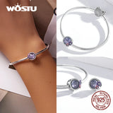 925 Sterling Silver Pink Crystal Round Charm Beaded Bracelet DIY Jewelry
