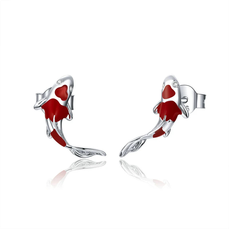 925 Sterling Silver Red Koi Stud Earrings Small Wedding Jewelry Gift