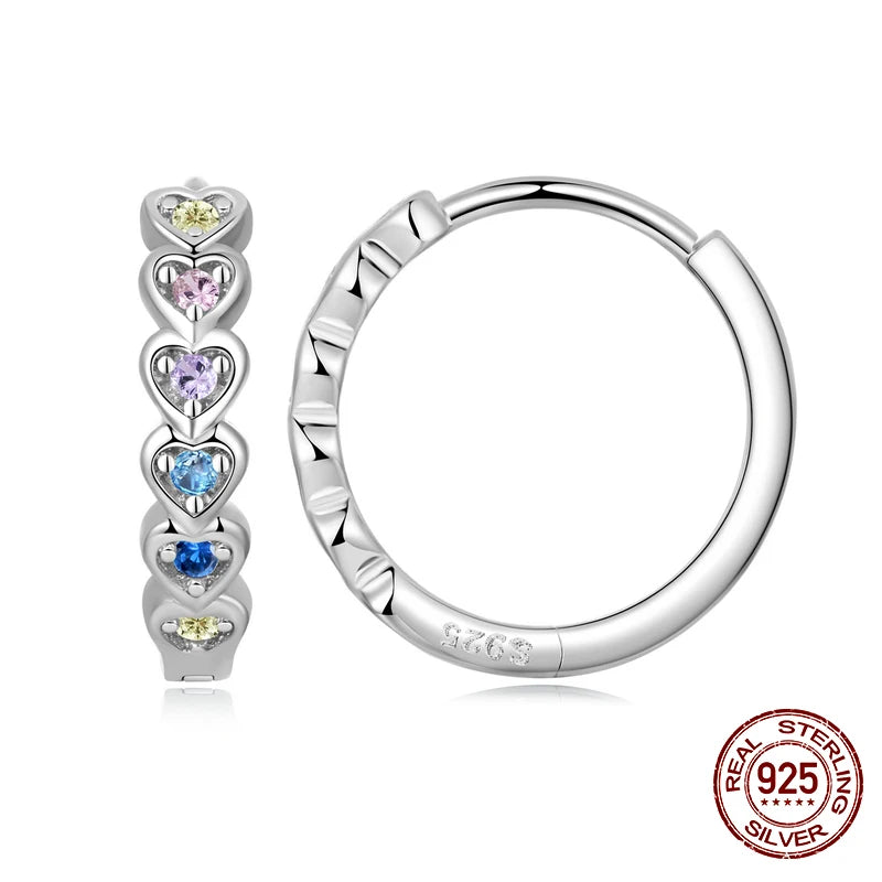 925 Silver Rainbow Heart Earrings Colorful Zircon Hoops