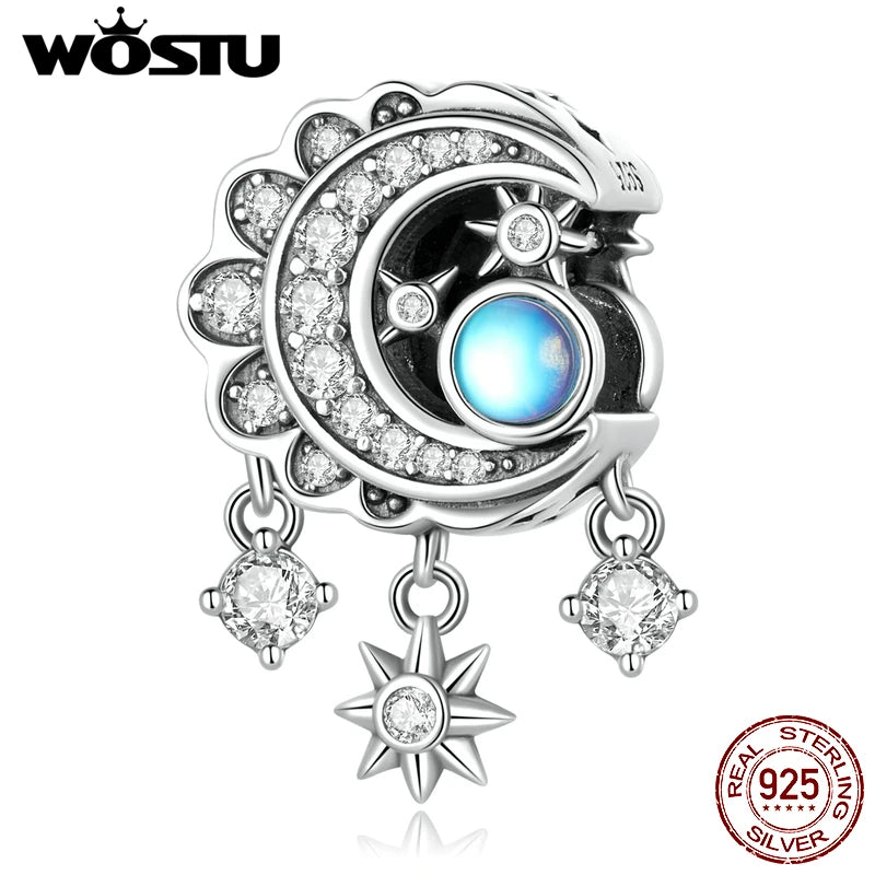 925 Sterling Silver Star Moon Charm Rainbow Moonstone Beads Bracelet DIY