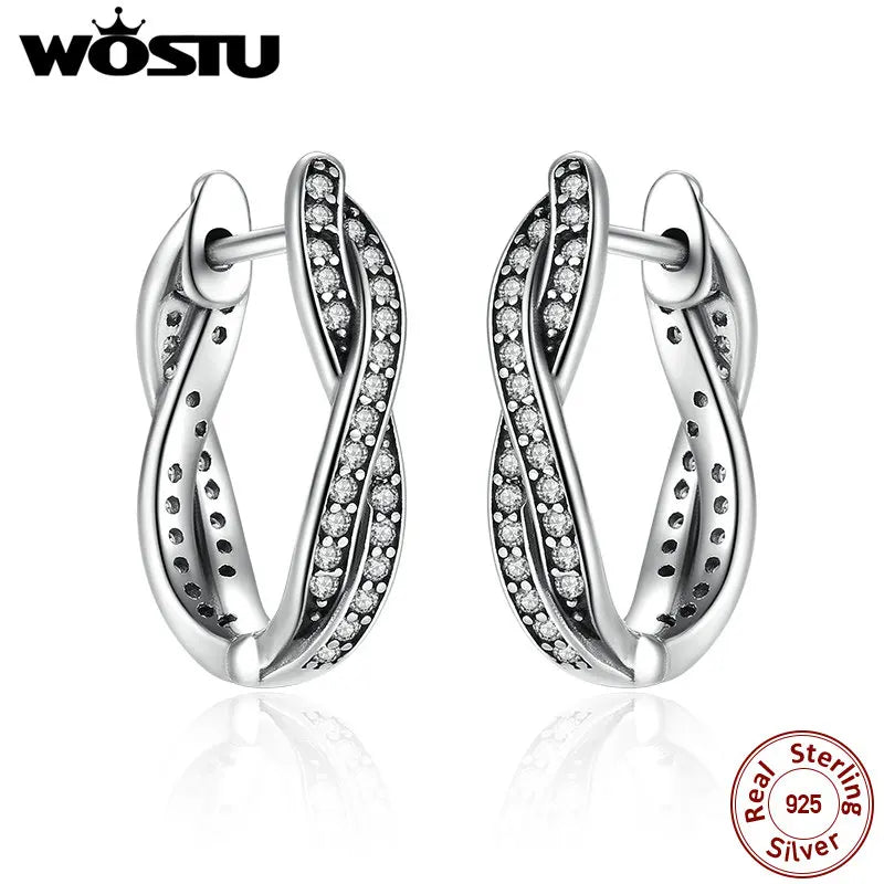 925 Silver Twist Of Fate Hoop Earrings Clear CZ Women Jewelry