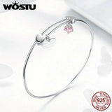 925 Silver Heart Pink Zircon Bangle Wedding Friendship Jewelry