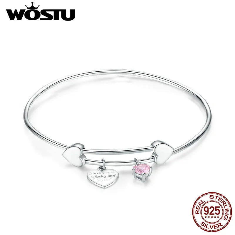 925 Silver Heart Pink Zircon Bangle Wedding Friendship Jewelry