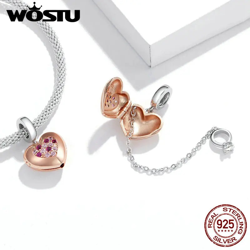 925 Sterling Silver Pink Love Heart Safety Chain CZ Charms Pendant