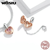 925 Sterling Silver Pink Love Heart Safety Chain CZ Charms Pendant