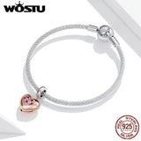 925 Sterling Silver Pink Love Heart Safety Chain CZ Charms Pendant