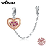 925 Sterling Silver Pink Love Heart Safety Chain CZ Charms Pendant