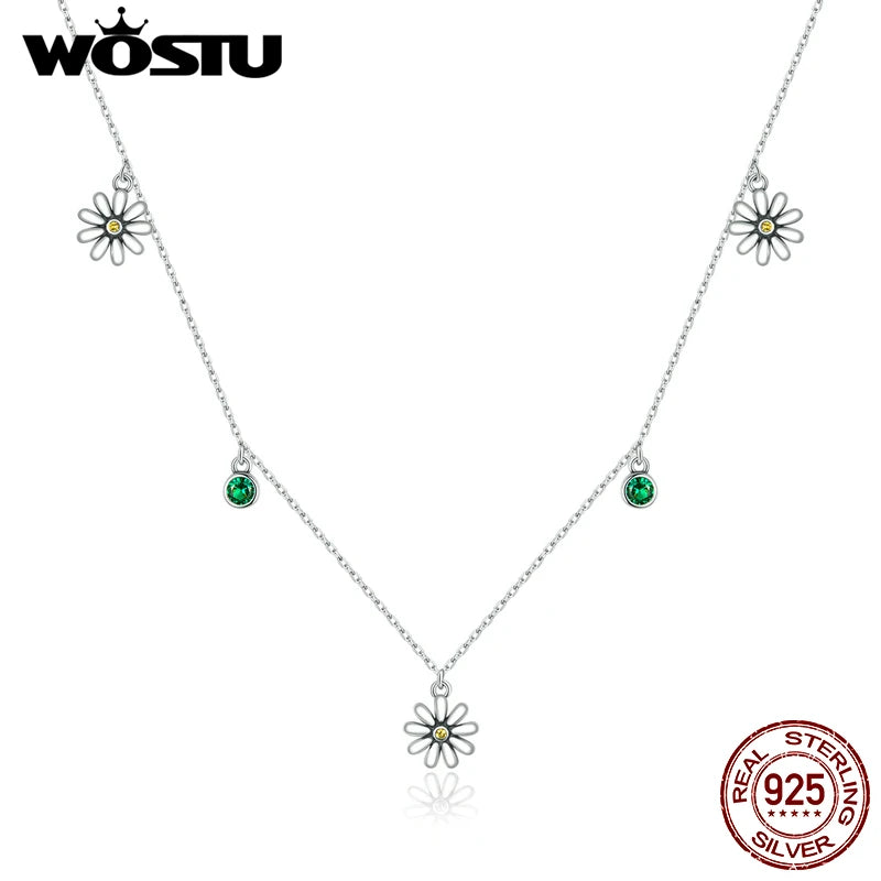 925 Silver Daisy Flower Necklace Green Zircon Long Chain Silver Necklace
