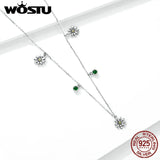 925 Silver Daisy Flower Necklace Green Zircon Long Chain Silver Necklace