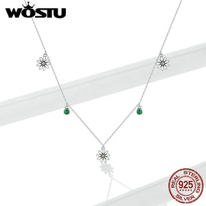 925 Silver Daisy Flower Necklace Green Zircon Long Chain Silver Necklace