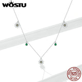925 Silver Daisy Flower Necklace Green Zircon Long Chain Silver Necklace