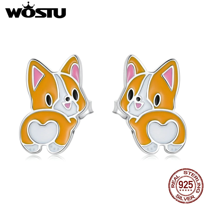 925 Silver Corgi Stud Earrings Women Party Jewelry