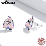 925 Silver Pink Big Eyed Bird Stud Earrings Women Party Jewelry