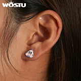 925 Silver Pink Big Eyed Bird Stud Earrings Women Party Jewelry