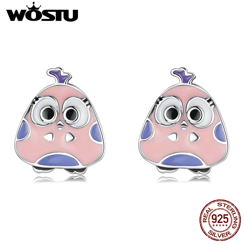 925 Silver Pink Big Eyed Bird Stud Earrings Women Party Jewelry