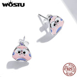 925 Silver Pink Big Eyed Bird Stud Earrings Women Party Jewelry
