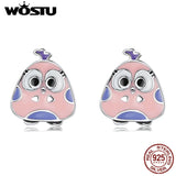 925 Silver Pink Big Eyed Bird Stud Earrings Women Party Jewelry