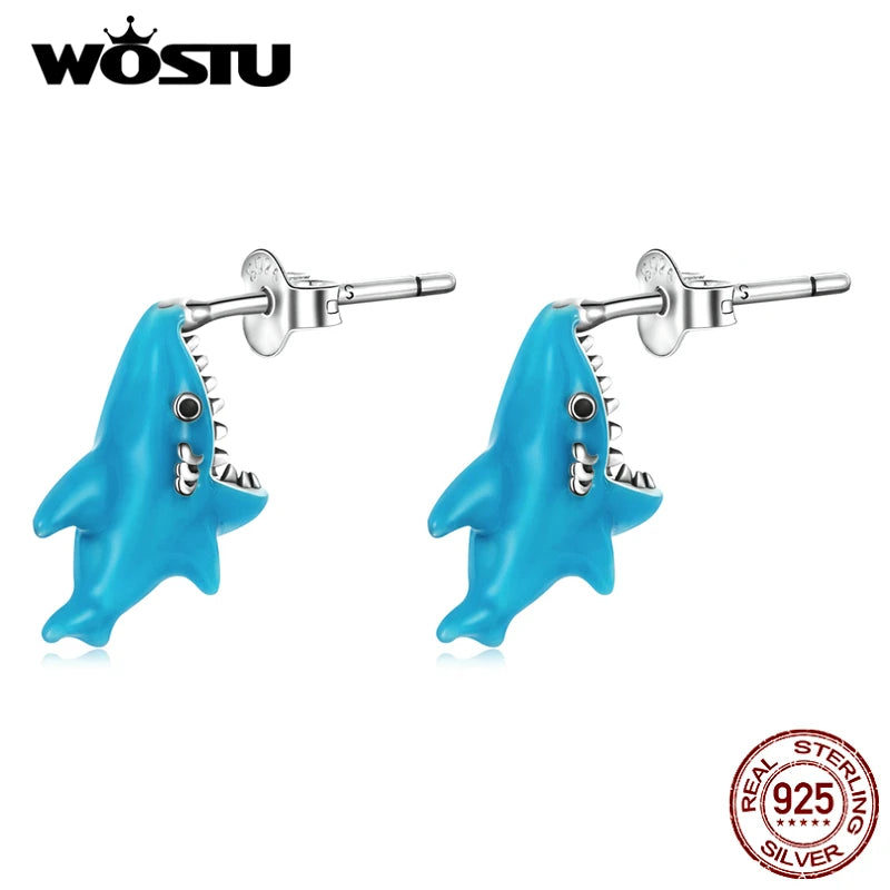 925 Silver Cute Shark Stud Earrings Jewelry Gift