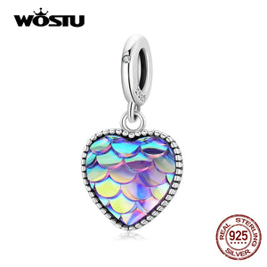 925 Silver Purple Fish Scale Heart Pendant Charm Beads for DIY Bracelet