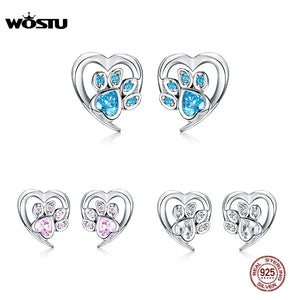 925 Sterling Silver Paw Dog Footprint & Pink Stud Earrings Wedding Jewelry